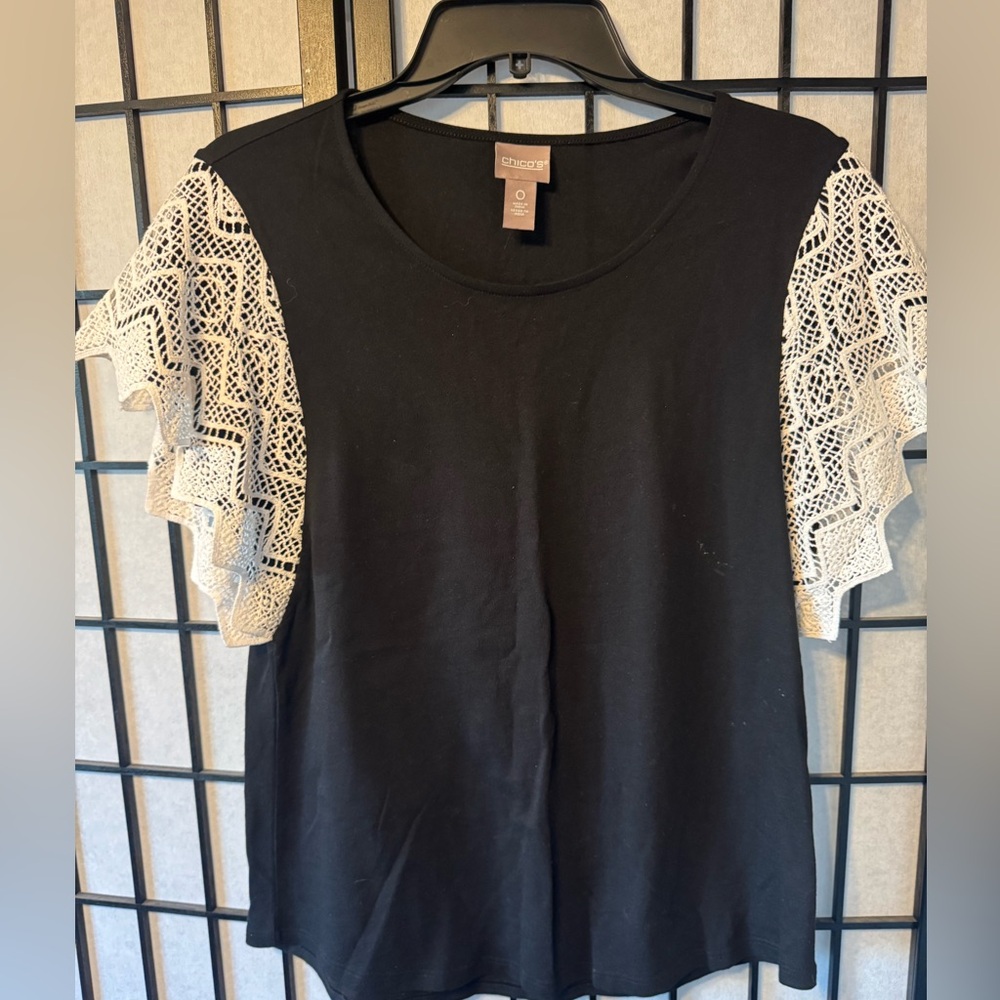 Chico's Black Knit Tee with White Lace Flutter Sleeves. NWOT - Picture 2 of 5